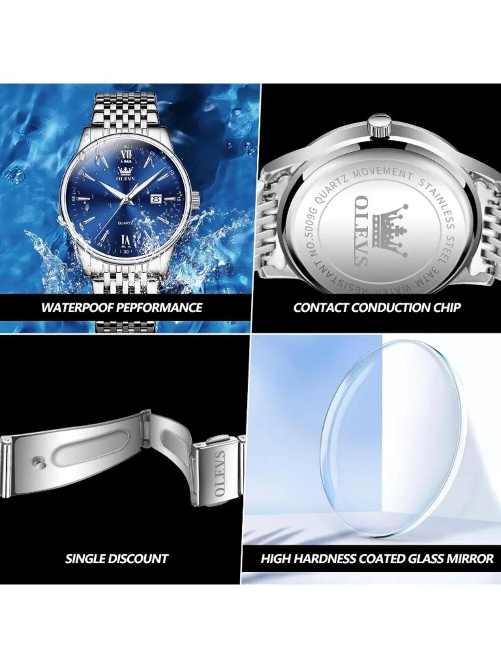 Mens Silver Blue Big Dial Analog Quartz Stainless Steel Relojes Waterproof Watch